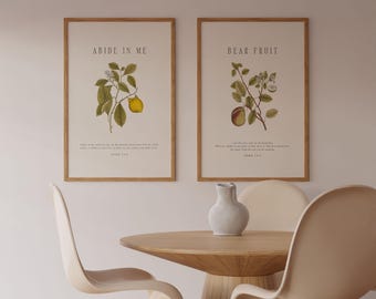 John 15:5, I Am the Vine Bible Verse Wall Art, Vintage Fruit Poster, Set of 2 Bible Verse Prints, Abide in Me, Christian Wall Art