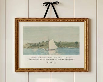 Vintage Landscape Sailboat Print, Christian Wall Art (Digital Download), Mark 4:39