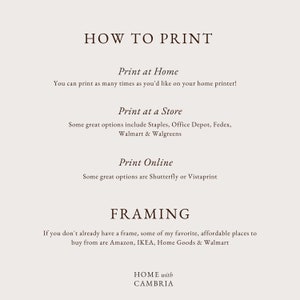May include: A text-based graphic with the title "How to Print" and instructions on how to print at home, at a store, or online. The graphic also includes a section titled "Framing" with information on where to buy frames.