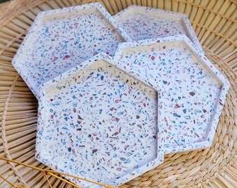 4 Coaster blue red glass terrazzo