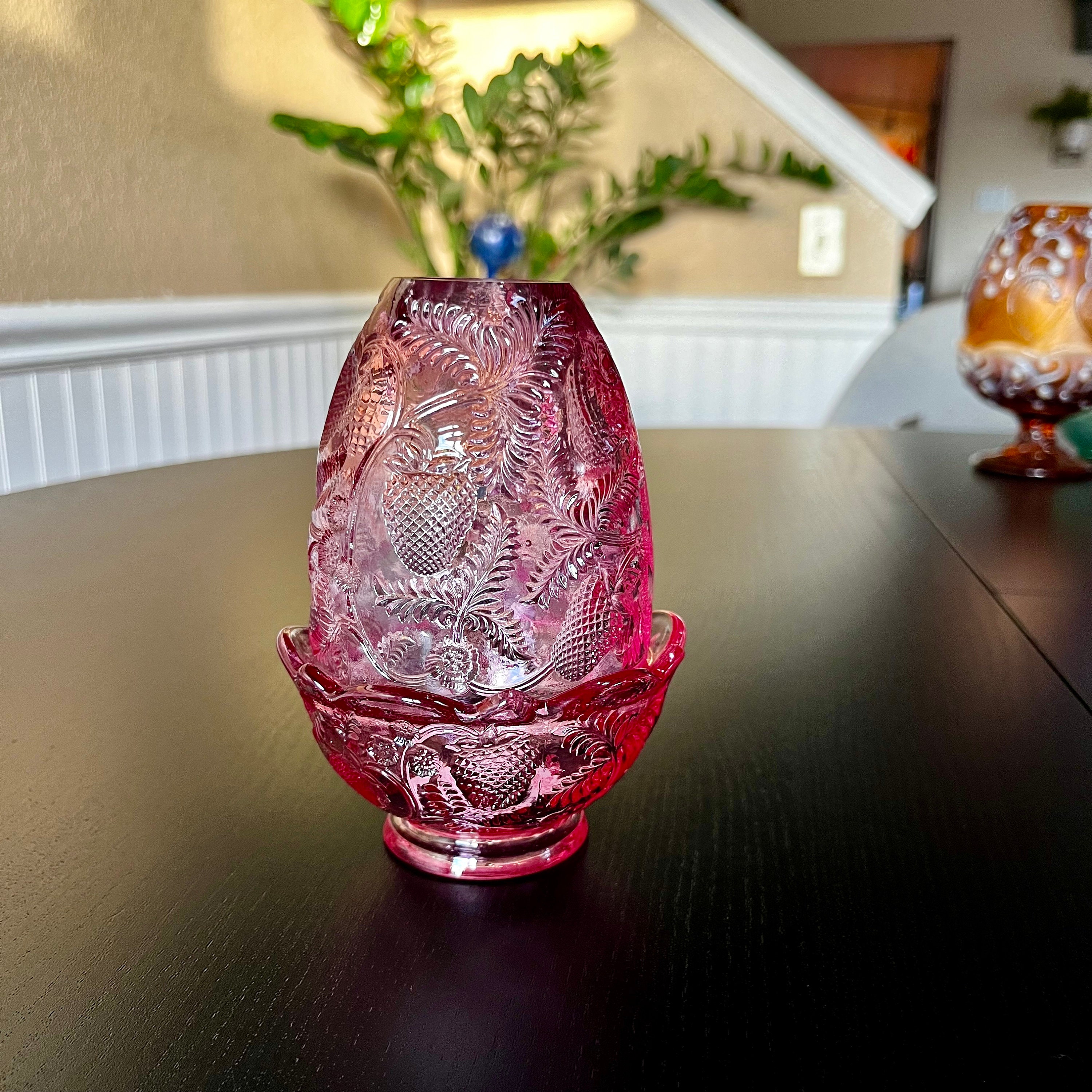 Vintage Fenton Inverted Strawberry Pink Fairy Lamp Candle Votive