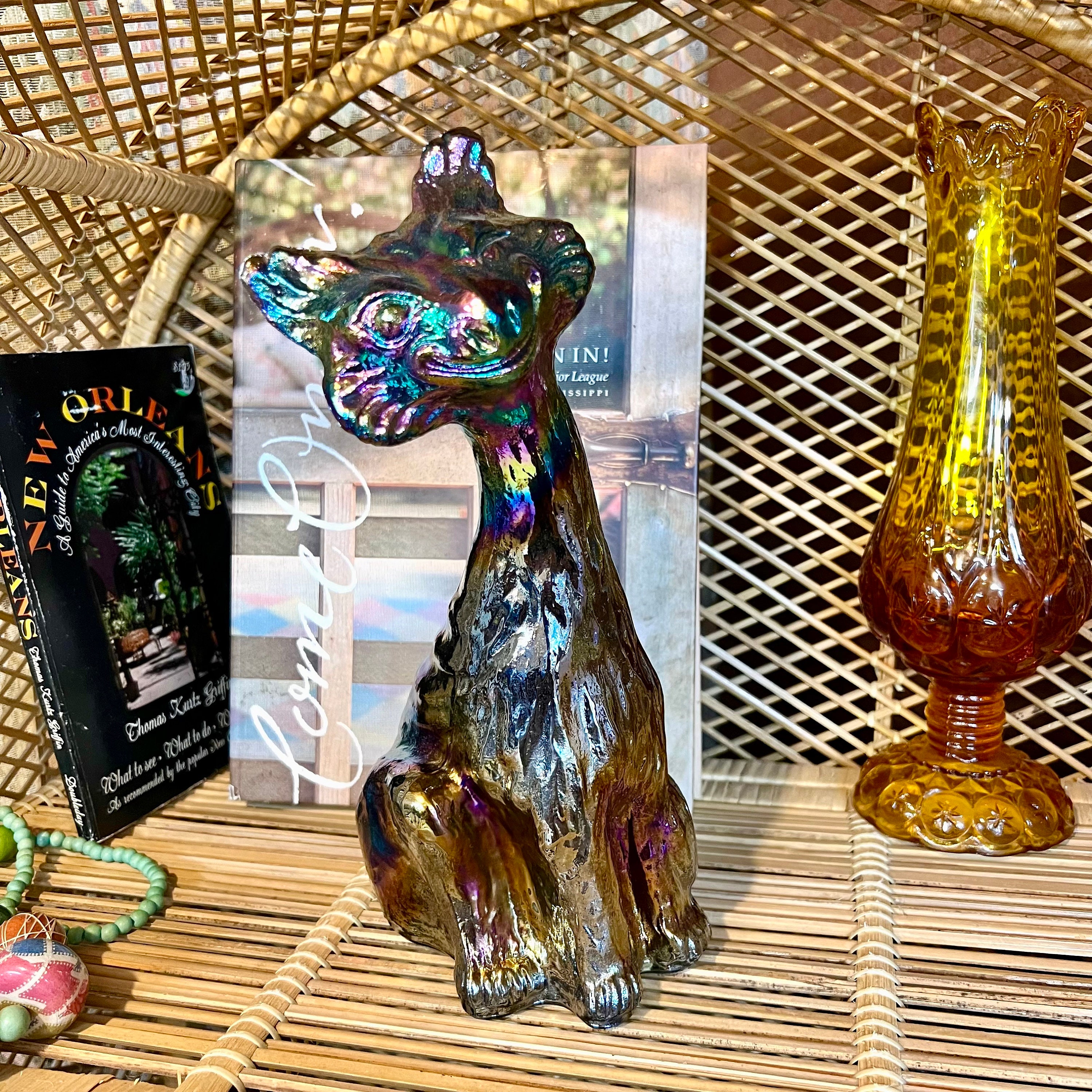 フォーチュンキャット　銀　レア物 Vintage Fenton Iridescent Amethyst Carnival Glass Winking Alley