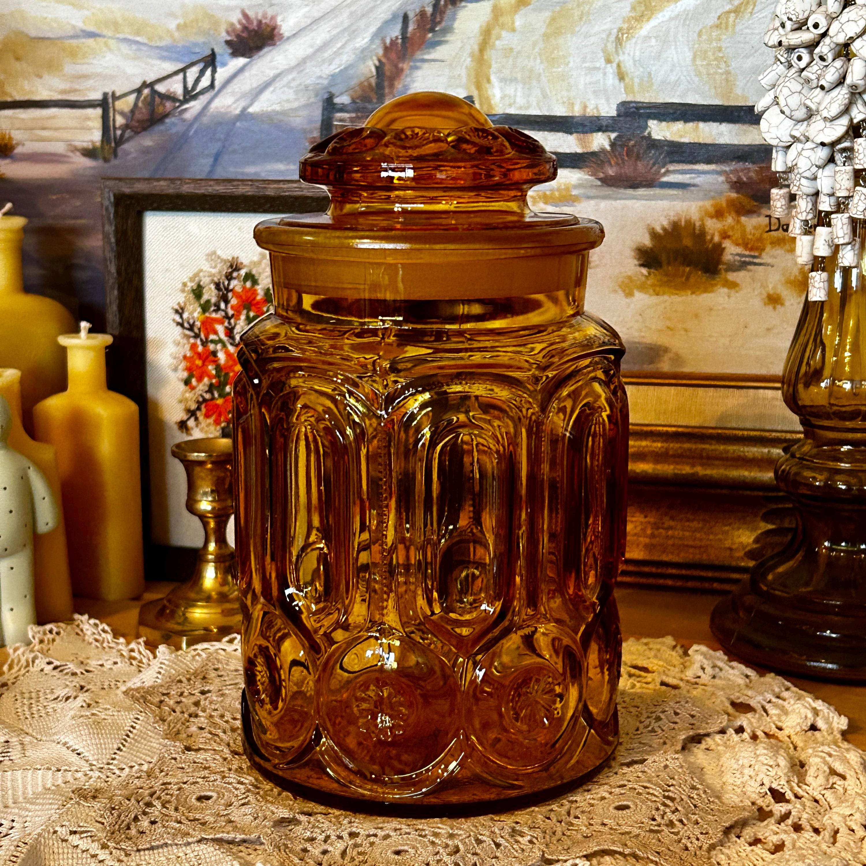Vintage L.E. Smith Glass Moon and Stars Amber Lidded Medium