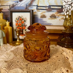 Mid Century Modern L.E. Smith Amber Moon & Stars Glass Canister Ex-Small