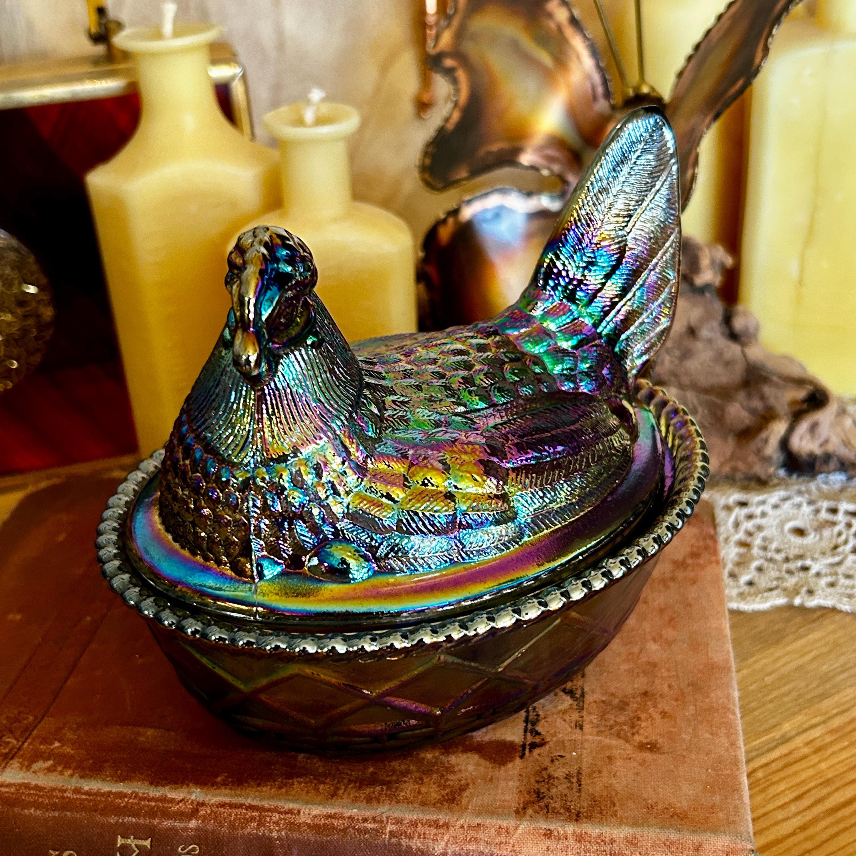Titanium Carnival Glass Hen on Nest – Westmoreland Mold | Mosser