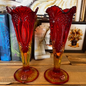 Two Vintage Viking Glass Amberina Bud Vase in Yesteryear Pattern Flared Scalloped Top