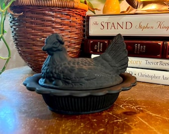 Satin Black Mosser Glass Hen on Nest Covered Dish 6 Inch Chicken Dish