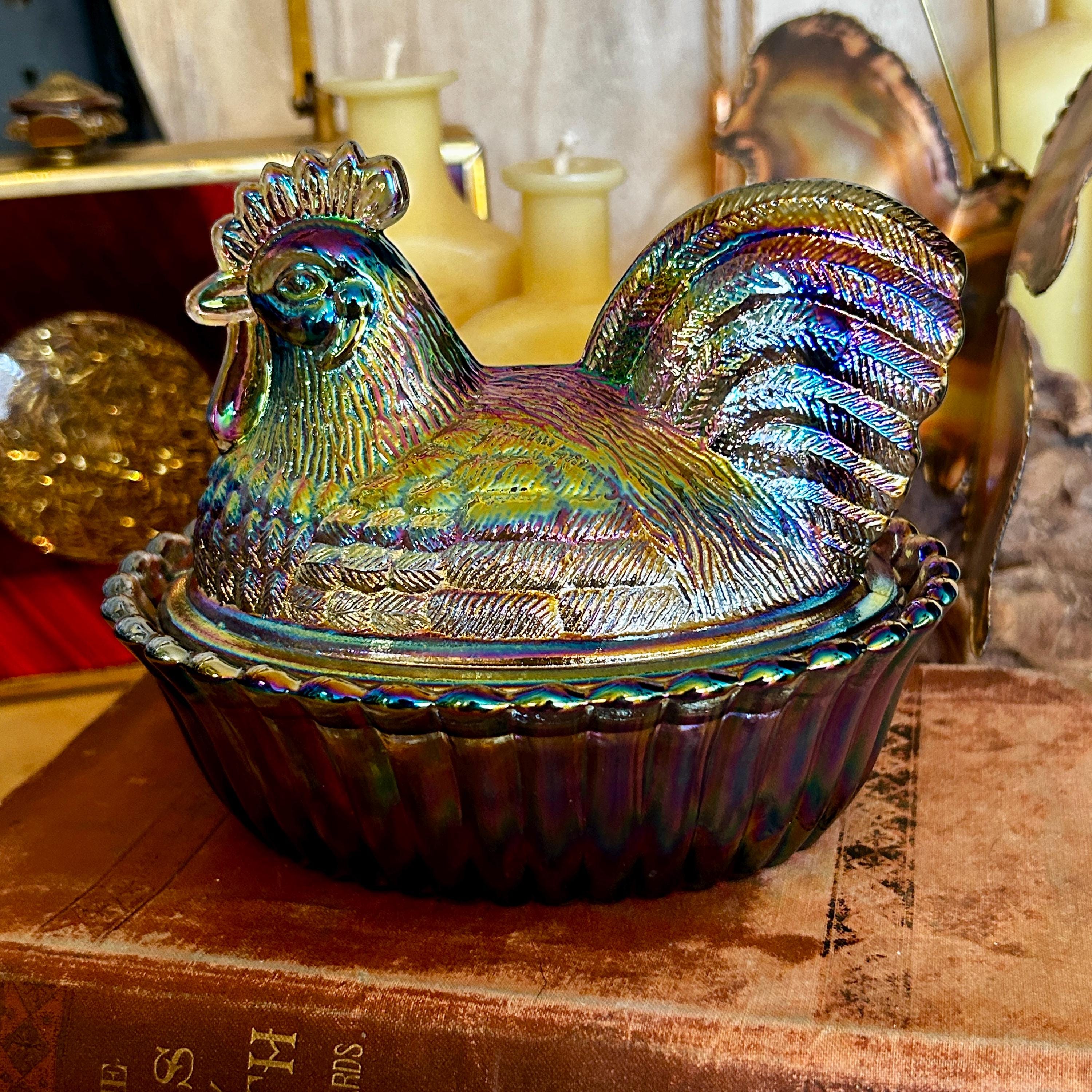 Titanium Carnival Glass Rooster on Nest – Westmoreland Mold