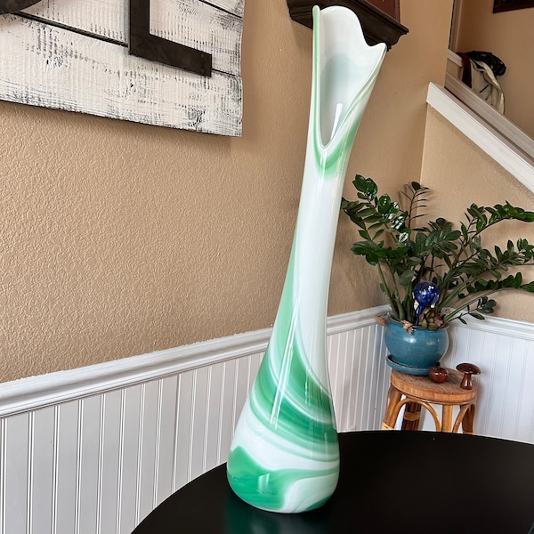 Vintage Hand Blown 29" Swung Vase Mint Green and White Swirl Semi Opaque Slag Marble Look