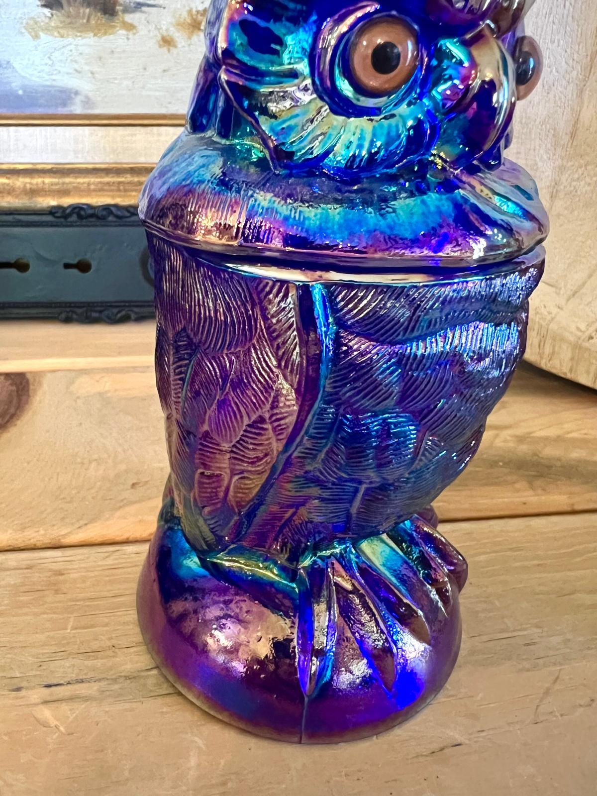 Cobalt Blue Carnival Glass Owl Toby Jar: Mosser Glass, USA - Etsy