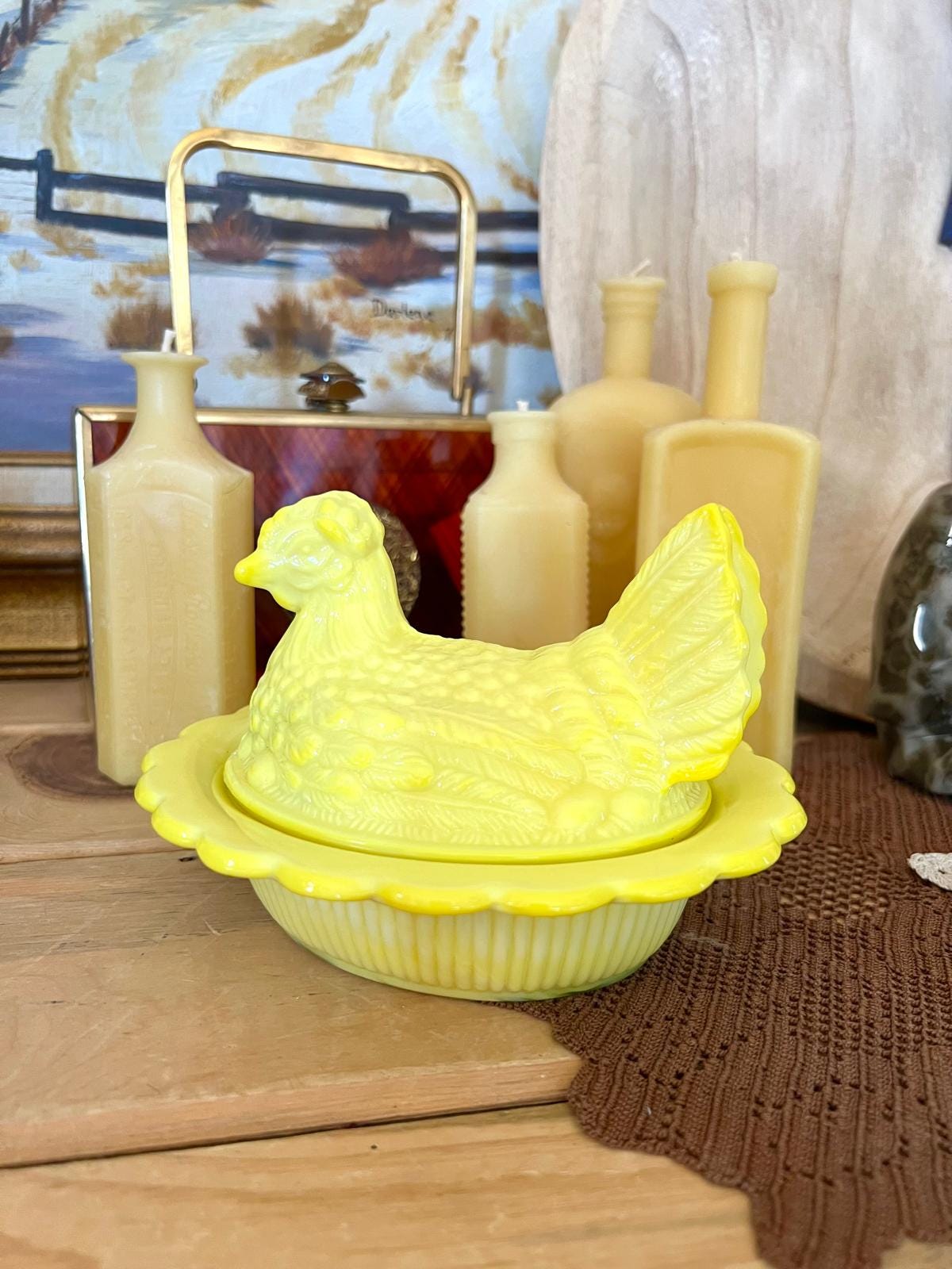 Vintage Mosser Glass Slag Dandelion Yellow Hen on Nest Dish – USA