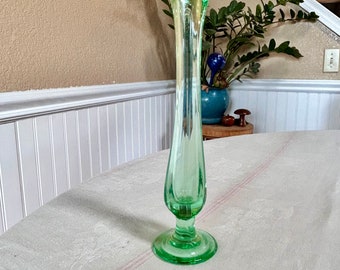 Green Glass Swung Bud Vase Fluted Lip 8” Tall not uranium