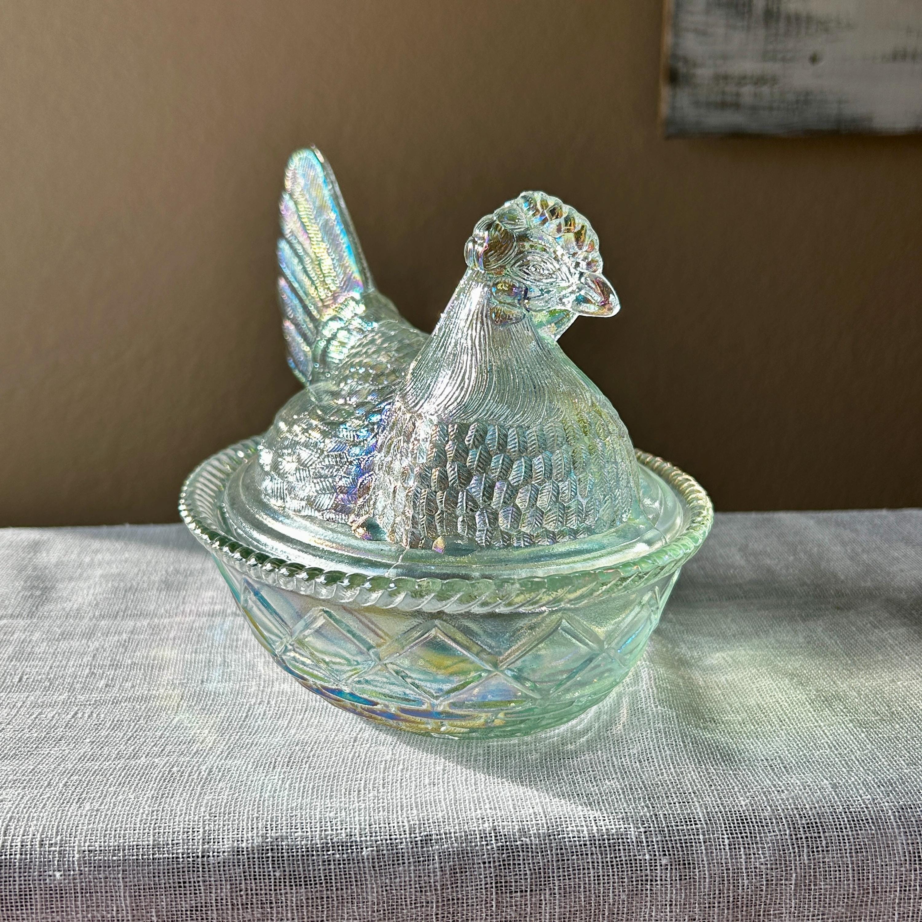モッサーグラス（Mosser Glass）　鶏　ジェダイ　小物入れ　ガラス Vintage Mosser Glass Crystal Carnival Covered Hen on Nest