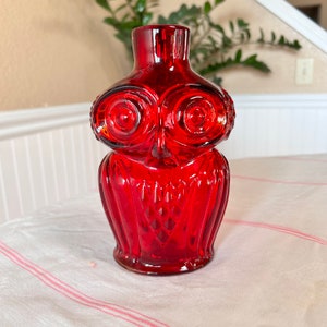 May include: A vibrant red glass owl-shaped vase. The vase features detailed embossed eyes and a textured body. The owl vase is a decorative item, perfect for adding a touch of whimsy to any space.