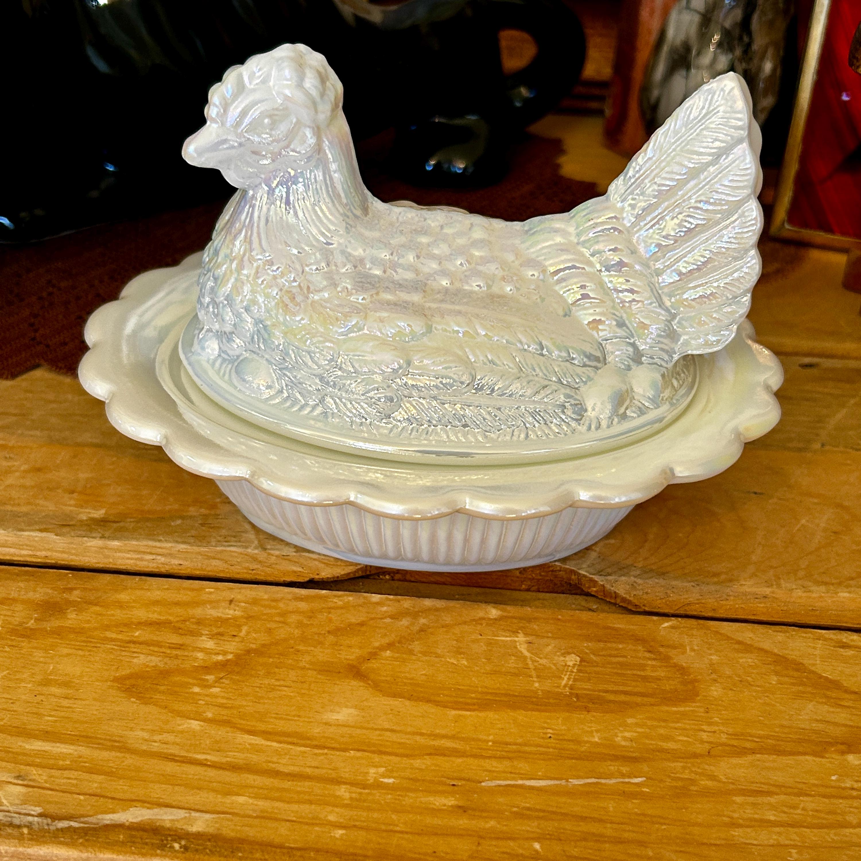 Vintage Mosser Glass Milk Glass Carnival Hen on Nest Dish – USA