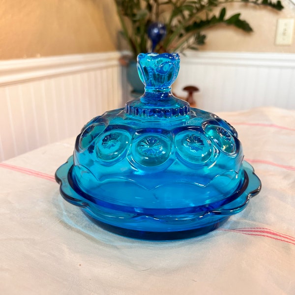 Vintage L.E Smith Colonial Blue Moon and Stars Mould Weishar Glass Cheese/Butter Dish