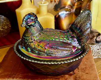 Titanium Carnival Glass Hen on Nest – Westmoreland Mold | Mosser