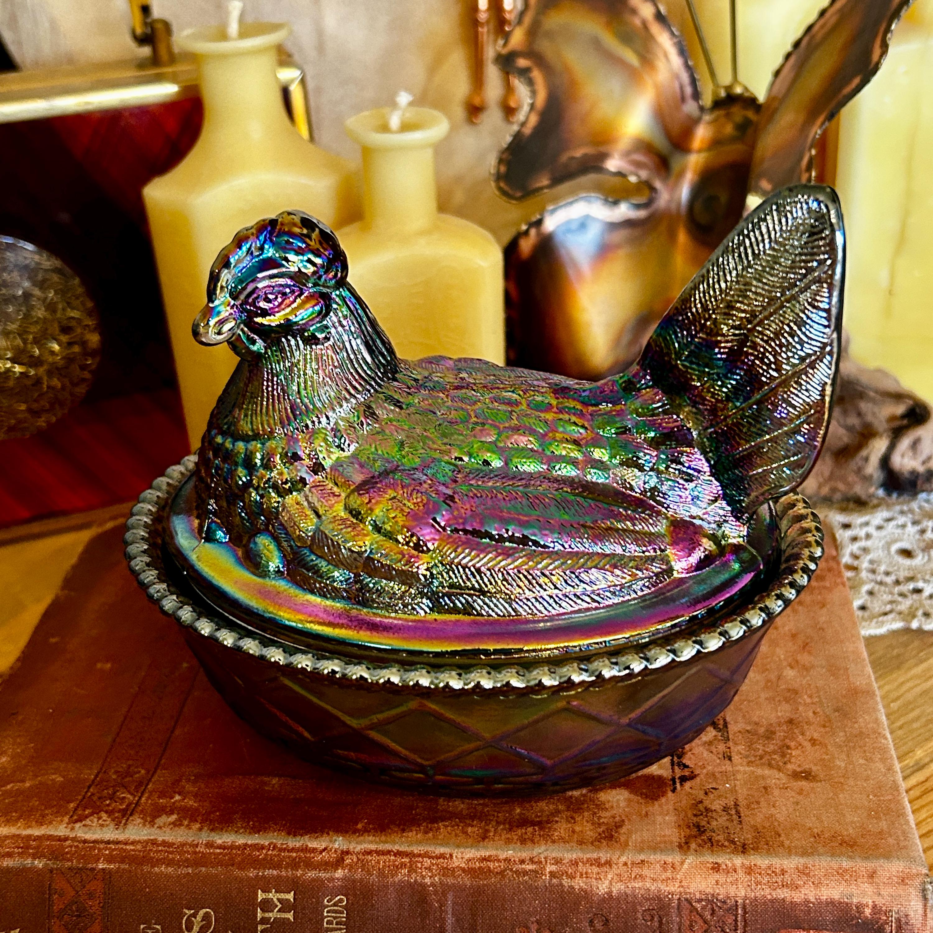 Titanium Carnival Glass Hen on Nest – Westmoreland Mold | Mosser