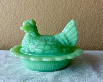 Vintage Mosser Glass Jadeite Covered Hen on Nest – USA Made