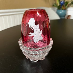 Vintage Fenton Red Hand Painted Girl Fairy Lamp w/ Diamond Cut Base