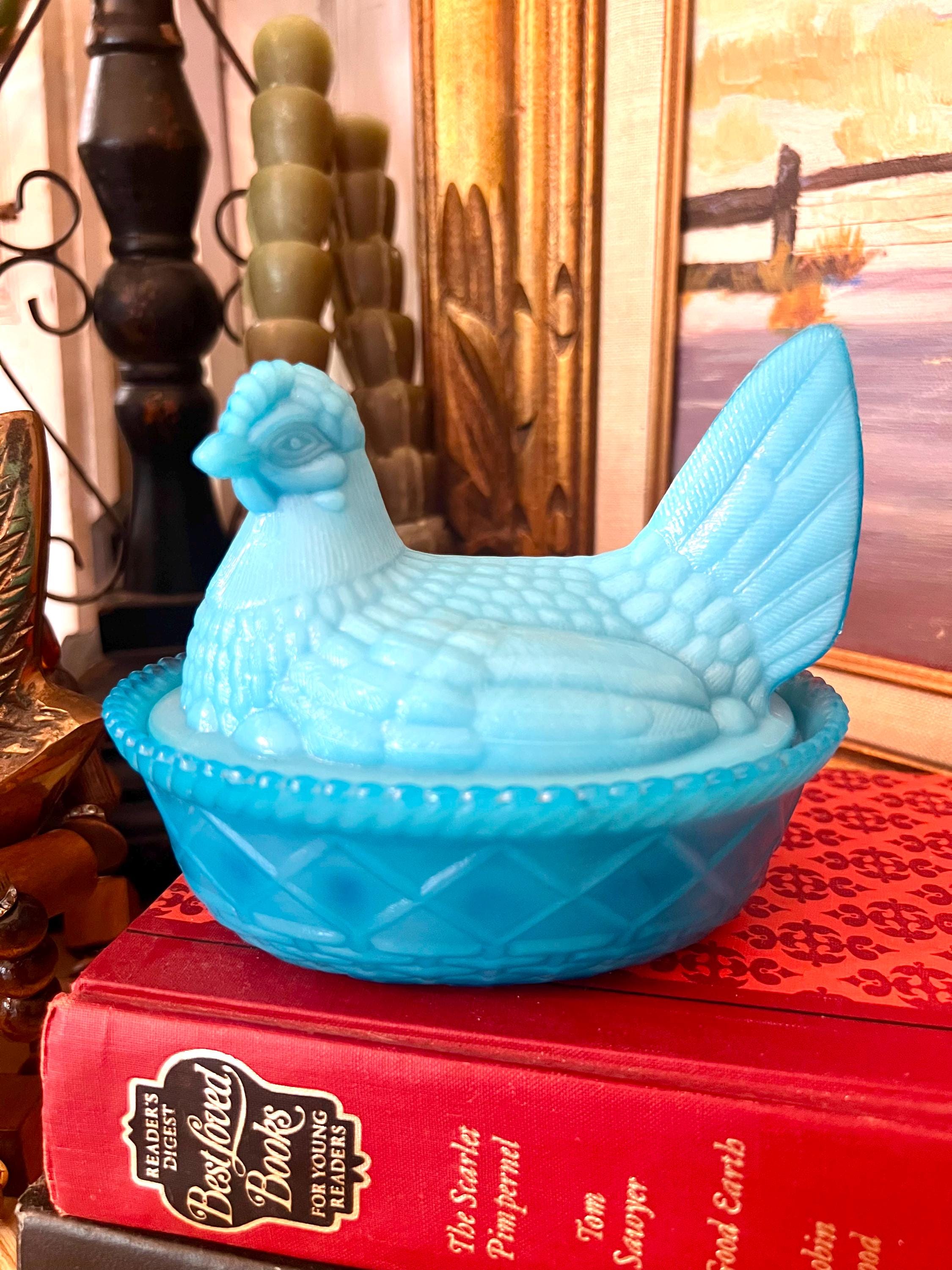Chicken in a Basket Blue Glass - Etsy