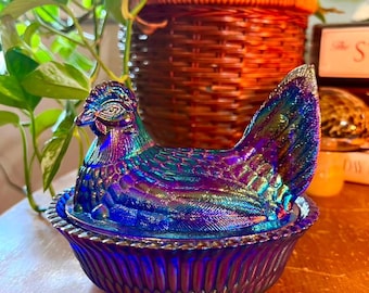 Summit McKee Cobalt Carnival Blue Hen on Nest Covered Dish 6 Inch