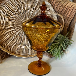 Vintage Impoli Glass Amber Pressed Glass Lidded Compote