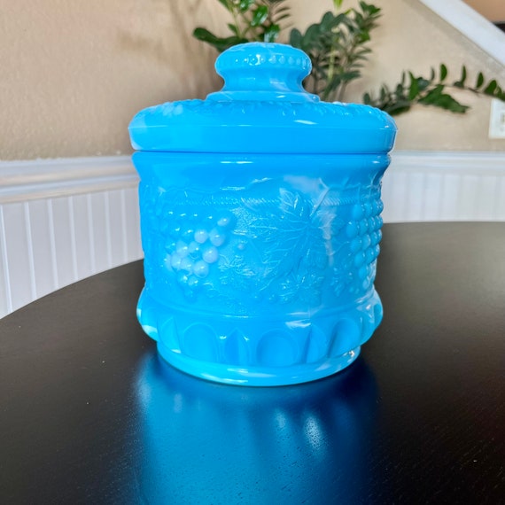 fenton tobacco jar Vintage Fenton Pastel Blue Slag Glass Tobacco Jar: Grape Cable Pattern