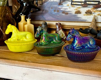 Horse Covered Candy Dish – 2 Piece Glass Horse on Ribbed Vase – Mosser Glass USA Sold Individually