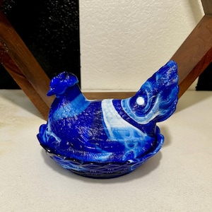 Vintage LG Wright Glass Hen on Nest – Cobalt Blue Slag Glass