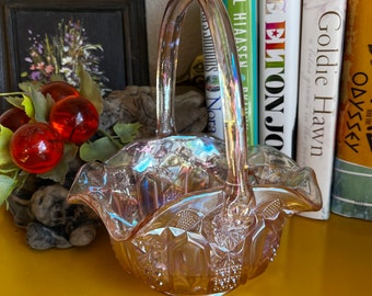 Vintage L.E. Smith Glass Quintec Pink Iridescent Luster Basket with Handle