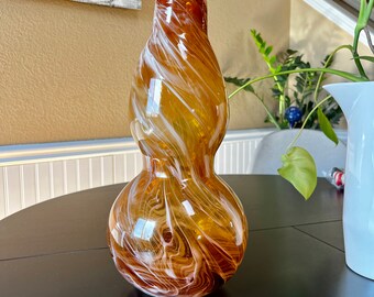 Vintage Huluping soplado a mano marrón y blanco remolino arte vidrio burbuja jarrón