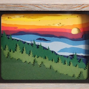 Rauchige Berg Sonnenuntergang Schatten Box SVG-Datei, 3D SVG, Schattenbox, Berge, Cricut, einfach zu schneiden Datei, Anleitung, Geschenk, Schattenbox