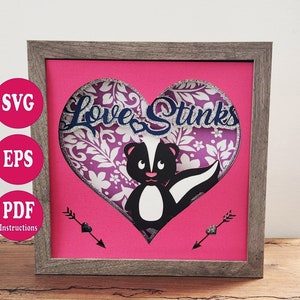 Stinktier - Liebe stinkt Schattenbox SVG Datei, 3D SVG, Schattenbox mit Ebenen, Cricut, einfach zu schneiden Datei, Anleitung, Geschenk, Shadowbox, Valentinstag