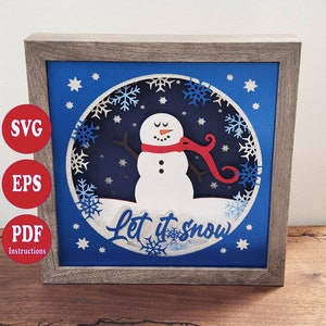 Let It Snow, Schneemann Schattenbox SVG-Datei, 3D SVG, Layered Schattenbox, Schneemann, Cricut, einfach zu schneidende Datei, Anleitung, Geschenk, Shadowbox