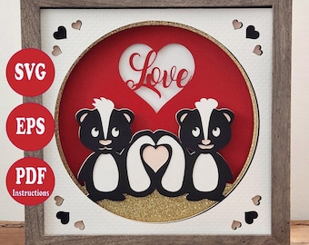 Skunk- Love Shadow Box SVG File, 3D SVG, Layered Shadow Box, Cricut, Easy to Cut File, Instructions, Gift, Shadowbox, Valentine's Day