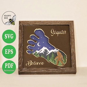 Sasquatch - Big Foot Shadow Box SVG-Datei, 3D, Schattenbox mit Ebenen, Berg, Wald, Believe, Cricut, Easy Cut-Datei, Geschenk, Shadowbox