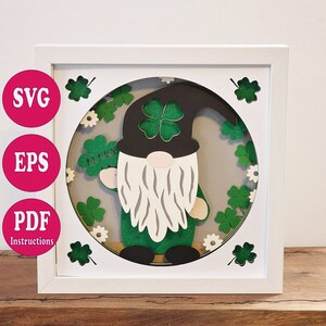 Gnome Schattenbox SVG Datei, 3D, Schattenbox mit Ebenen, Kleeblatt, Glück, St. Patricks, Cricut, einfach zu schneiden Datei, Anleitung, Geschenk, Shadowbox