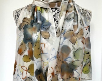 Hand painted 100% silk scarf, shawl, wrap. White and multicolor floral scarf, hand dyed and hand painted with blue, green, orange flowers.
