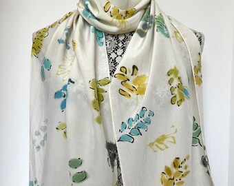 Hand painted 100% silk scarf, shawl, wrap. White, blue, green, yellow floral scarf, hand dyed and hand painted with flowers and leaves.