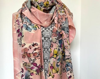 Hand painted 100% silk scarf, shawl, wrap. Peach, coral, pink floral scarf, hand painted and hand dyed with multicolor leaves and flowers.