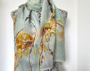 Hand painted 100% silk scarf, shawl, wrap. Blue and yellow floral scarf, hand painted and hand dyed with forsythia branches and flowers.