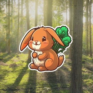 Cute brown bunny with floppy ears and a carrot in its mouth sticker design