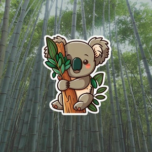 Lindo koala de cara dulce sonriente abrazando una rama de eucalipto, diseño de pegatinas, estilo de dibujos animados, detalles ultra