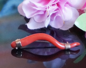 Victorian antique cornicello red coral 9kt gold brooch, Antique horn coral brooch, Anniversary gift, Rare Mediterranean red coral brooch,AP8