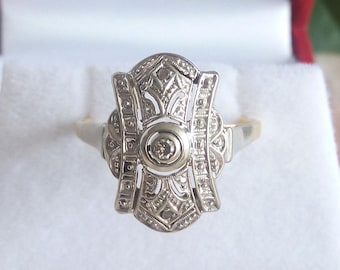 Anillo Art Decó de oro con diamante, anillo Art Decó de oro amarillo y blanco de 18 kt con diamantes talla antigua y diamante talla europea, D39