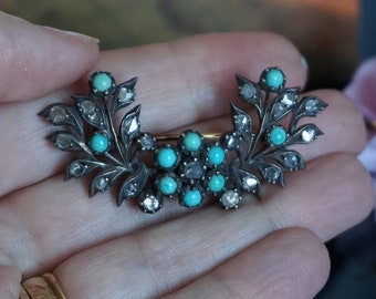 Antieke Victoriaanse broche met oude Europese diamanten en turkoois, van meer dan 14 kt goud, DT2