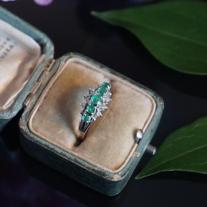 14kt White Gold Emerald & diamond Engagement Ring, 5-Stone May Birthstone Ring, Elegant Gift for Her, EM6