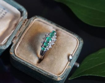 14kt White Gold Emerald & diamond Engagement Ring, 5-Stone May Birthstone Ring, Elegant Gift for Her, EM6