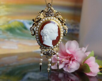 Antique Victorian 18kt gold Sardonyx cameo brooch pendant with split pearls enamel & old cut diamonds, sardonyx cameo, gift for her, C26
